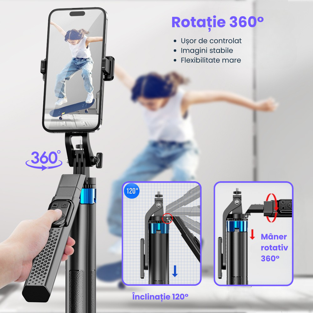 Trepied foto telescopic Evolve-x® EvoVison Profesional, 180cm, pentru telefon/camera foto/GoPro, telecomanda Bluetooth [5]