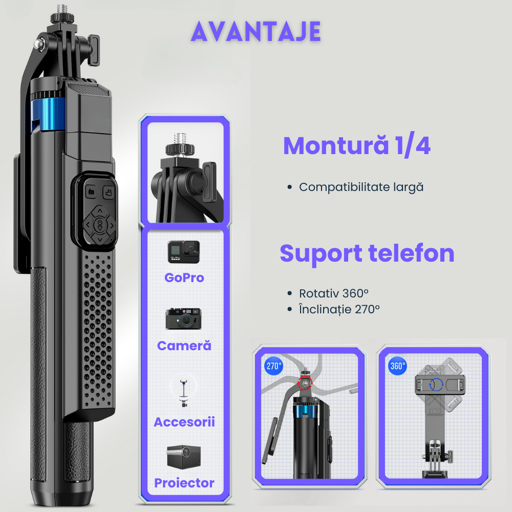 Trepied foto telescopic Evolve-x® EvoVison Profesional, 180cm, pentru telefon/camera foto/GoPro, telecomanda Bluetooth [4]