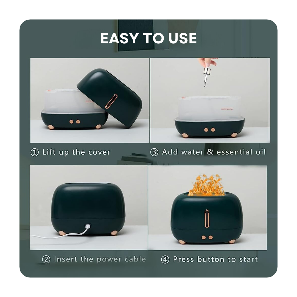 Umidificator de aer si difuzor de aromaterapie Evolve-x® Flame 3D, cu ultrasunete si lumina ambientala LED cu efect de flacara, pentru casa si birou, Verde [6]