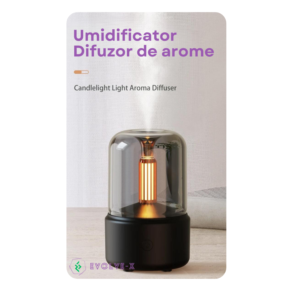 Umidificator de aer Ultrasonic Evolve-x® Harmony, cu difuzor aromaterapie, lumina ambientala cu efect de lumanare, pentru casa, birou si masina, Negru [2]