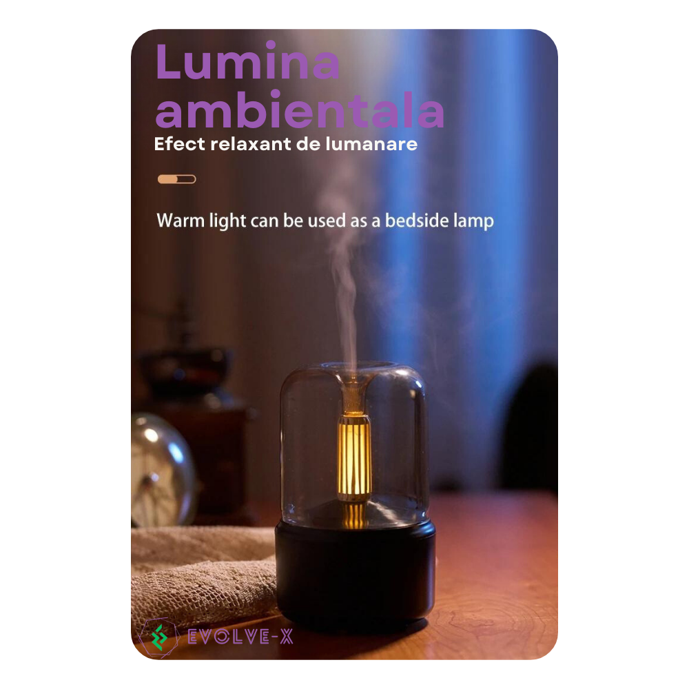 Umidificator de aer Ultrasonic Evolve-x® Harmony, cu difuzor aromaterapie, lumina ambientala cu efect de lumanare, pentru casa, birou si masina, Negru [6]