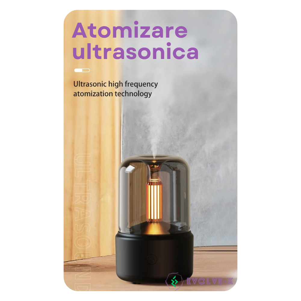 Umidificator de aer Ultrasonic Evolve-x® Harmony, cu difuzor aromaterapie, lumina ambientala cu efect de lumanare, pentru casa, birou si masina, Negru [4]