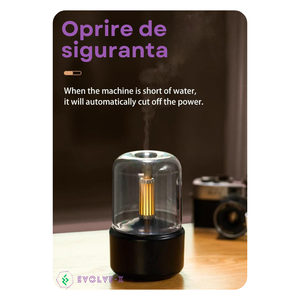 Umidificator de aer Ultrasonic Evolve-x® Harmony, cu difuzor aromaterapie, lumina ambientala cu efect de lumanare, pentru casa, birou si masina, Negru [5]