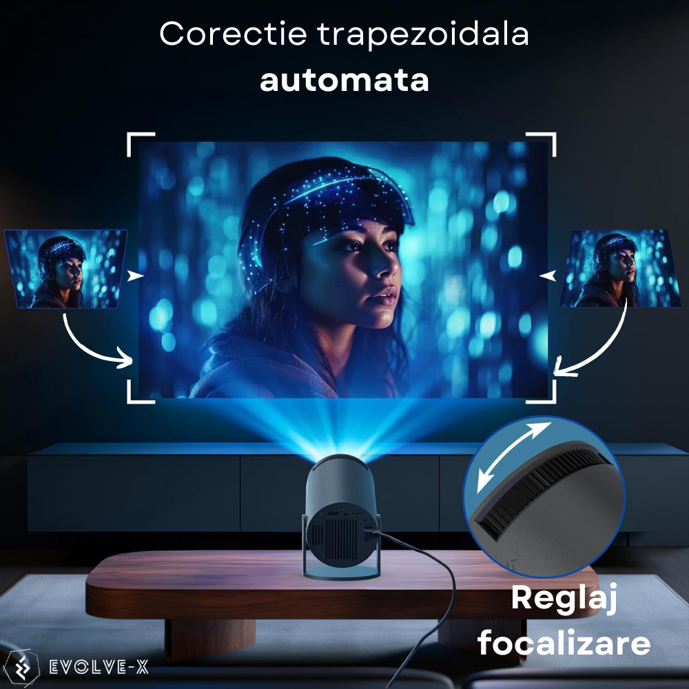 Videoproiector portabil Evolve-x®, 5000 lumeni, 120 ANSI, cu Android 11, Wi-Fi dual, Bluetooth, rezolutie 1280x720p HD, suport 4K, conexiune HDMI, USB si Mirroring Android/IOS, difuzor integrat, rotat [7]