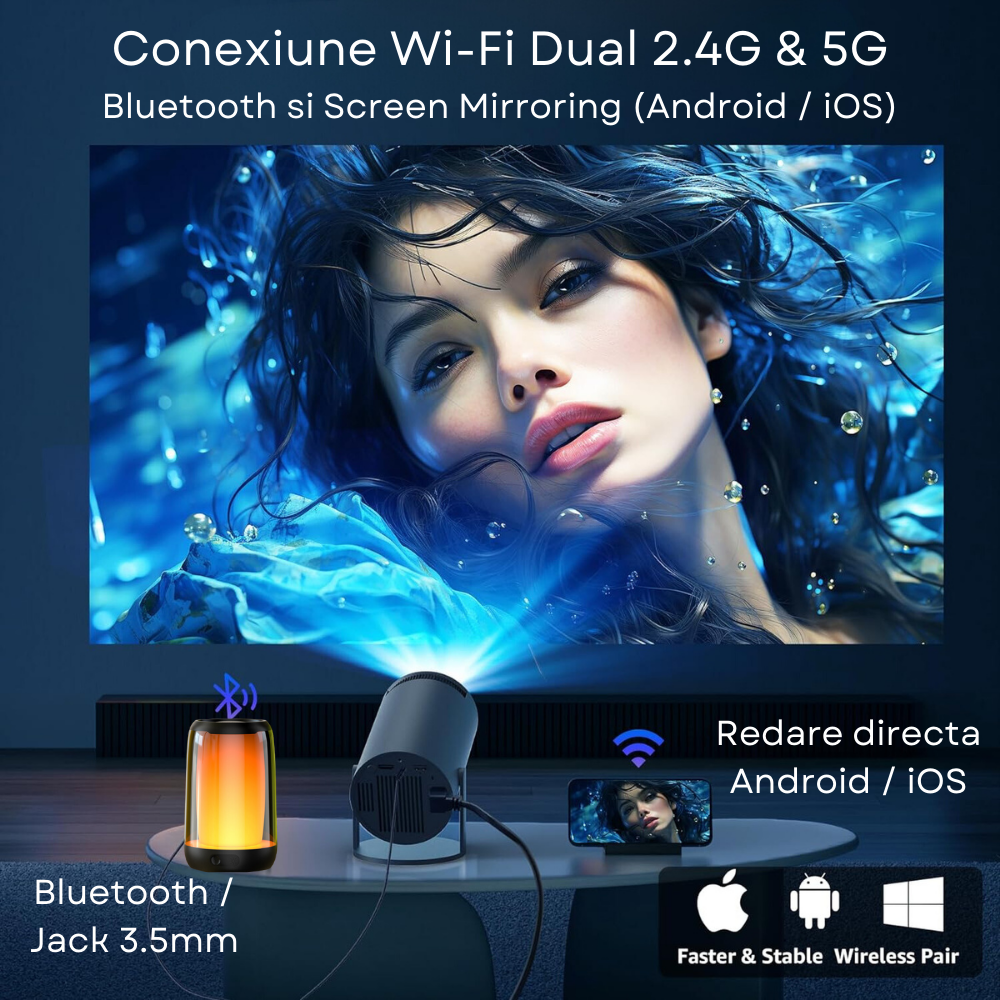 Videoproiector portabil Evolve-x®, 5000 lumeni, 120 ANSI, cu Android 11, Wi-Fi dual, Bluetooth, rezolutie 1280x720p HD, suport 4K, conexiune HDMI, USB si Mirroring Android/IOS, difuzor integrat, rotat [8]