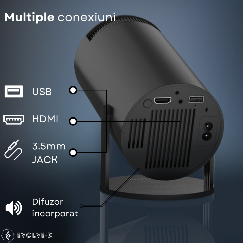 Videoproiector portabil Evolve-x®, 5000 lumeni, 120 ANSI, cu Android 11, Wi-Fi dual, Bluetooth, rezolutie 1280x720p HD, suport 4K, conexiune HDMI, USB si Mirroring Android/IOS, difuzor integrat, rotat [9]