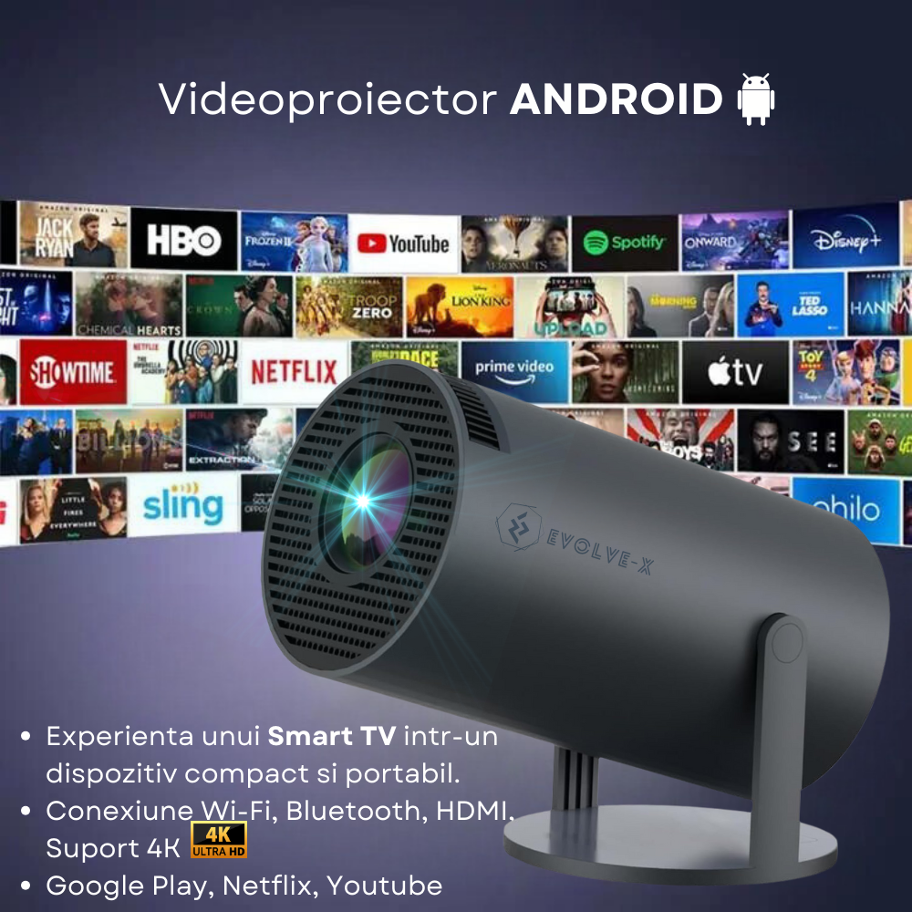 Videoproiector portabil Evolve-x®, 5000 lumeni, 120 ANSI, cu Android 11, Wi-Fi dual, Bluetooth, rezolutie 1280x720p HD, suport 4K, conexiune HDMI, USB si Mirroring Android/IOS, difuzor integrat, rotat [2]