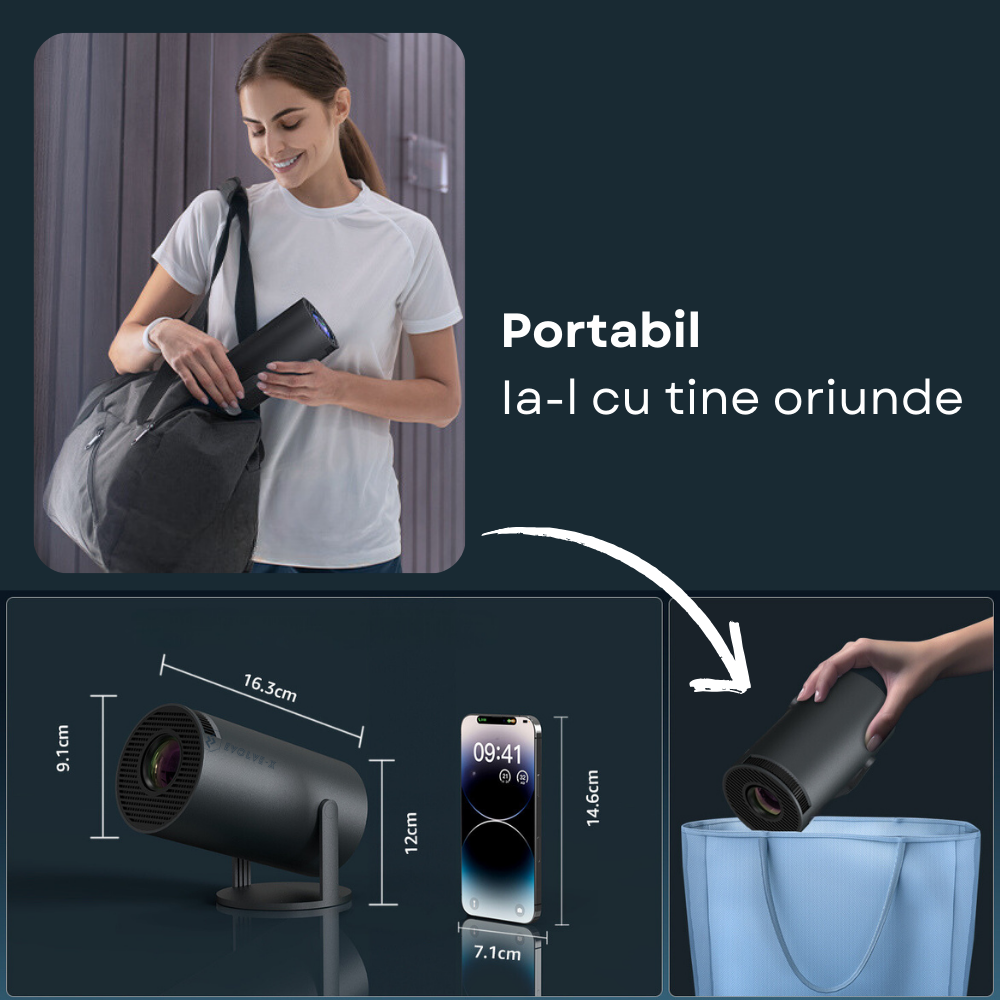 Videoproiector portabil Evolve-x®, 5000 lumeni, 120 ANSI, cu Android 11, Wi-Fi dual, Bluetooth, rezolutie 1280x720p HD, suport 4K, conexiune HDMI, USB si Mirroring Android/IOS, difuzor integrat, rotat [10]