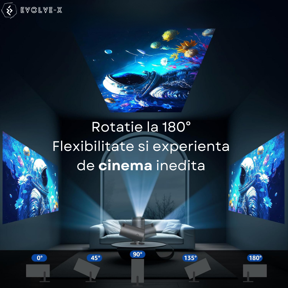 Videoproiector portabil Evolve-x®, 5000 lumeni, 120 ANSI, cu Android 11, Wi-Fi dual, Bluetooth, rezolutie 1280x720p HD, suport 4K, conexiune HDMI, USB si Mirroring Android/IOS, difuzor integrat, rotat [6]