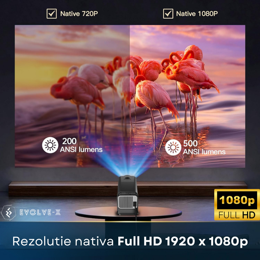 Videoproiector portabil Evolve-x®, 6500 lumeni, 390 ANSI, cu Android 11, Wi-Fi dual, Bluetooth, rezolutie FullHD 1920 x 1080, suport 4K, conexiune HDMI, USB si Mirroring Android/IOS, difuzor integrat, [8]