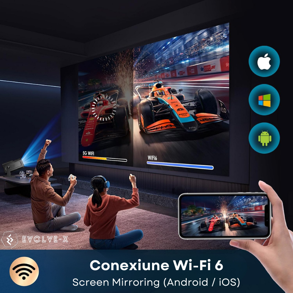 Videoproiector portabil Evolve-x®, 6500 lumeni, 390 ANSI, cu Android 11, Wi-Fi dual, Bluetooth, rezolutie FullHD 1920 x 1080, suport 4K, conexiune HDMI, USB si Mirroring Android/IOS, difuzor integrat, [12]
