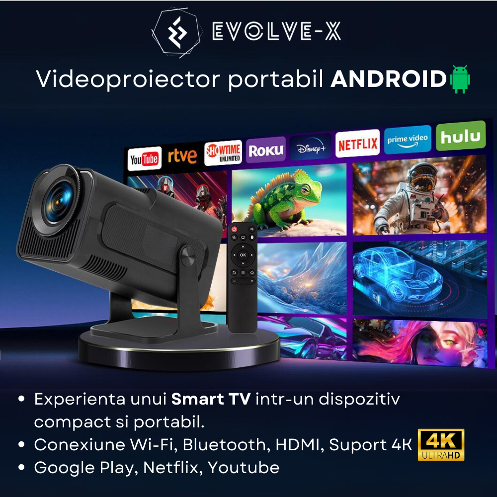 Videoproiector portabil Evolve-x®, 6500 lumeni, 390 ANSI, cu Android 11, Wi-Fi dual, Bluetooth, rezolutie FullHD 1920 x 1080, suport 4K, conexiune HDMI, USB si Mirroring Android/IOS, difuzor integrat, [5]