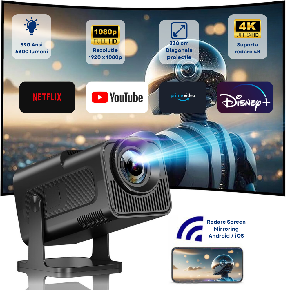 Videoproiector portabil Evolve-x®, 6500 lumeni, 390 ANSI, cu Android 11, Wi-Fi dual, Bluetooth, rezolutie FullHD 1920 x 1080, suport 4K, conexiune HDMI, USB si Mirroring Android/IOS, difuzor integrat, [6]