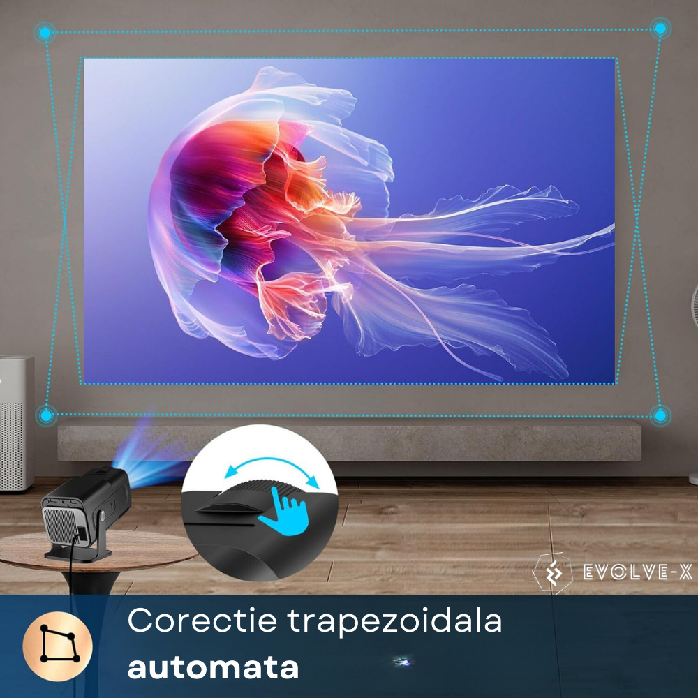 Videoproiector portabil Evolve-x®, 6500 lumeni, 390 ANSI, cu Android 11, Wi-Fi dual, Bluetooth, rezolutie FullHD 1920 x 1080, suport 4K, conexiune HDMI, USB si Mirroring Android/IOS, difuzor integrat, [11]