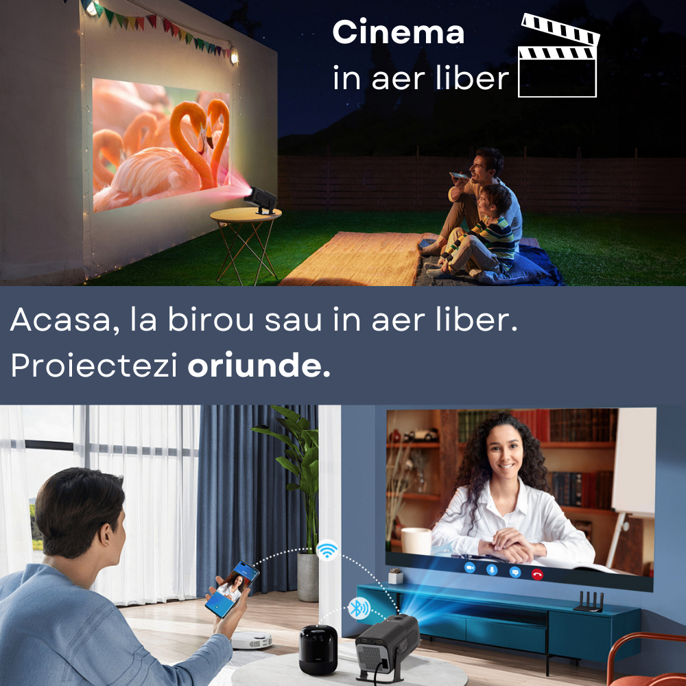 Videoproiector portabil Evolve-x®, 6500 lumeni, 390 ANSI, cu Android 11, Wi-Fi dual, Bluetooth, rezolutie FullHD 1920 x 1080, suport 4K, conexiune HDMI, USB si Mirroring Android/IOS, difuzor integrat, [15]