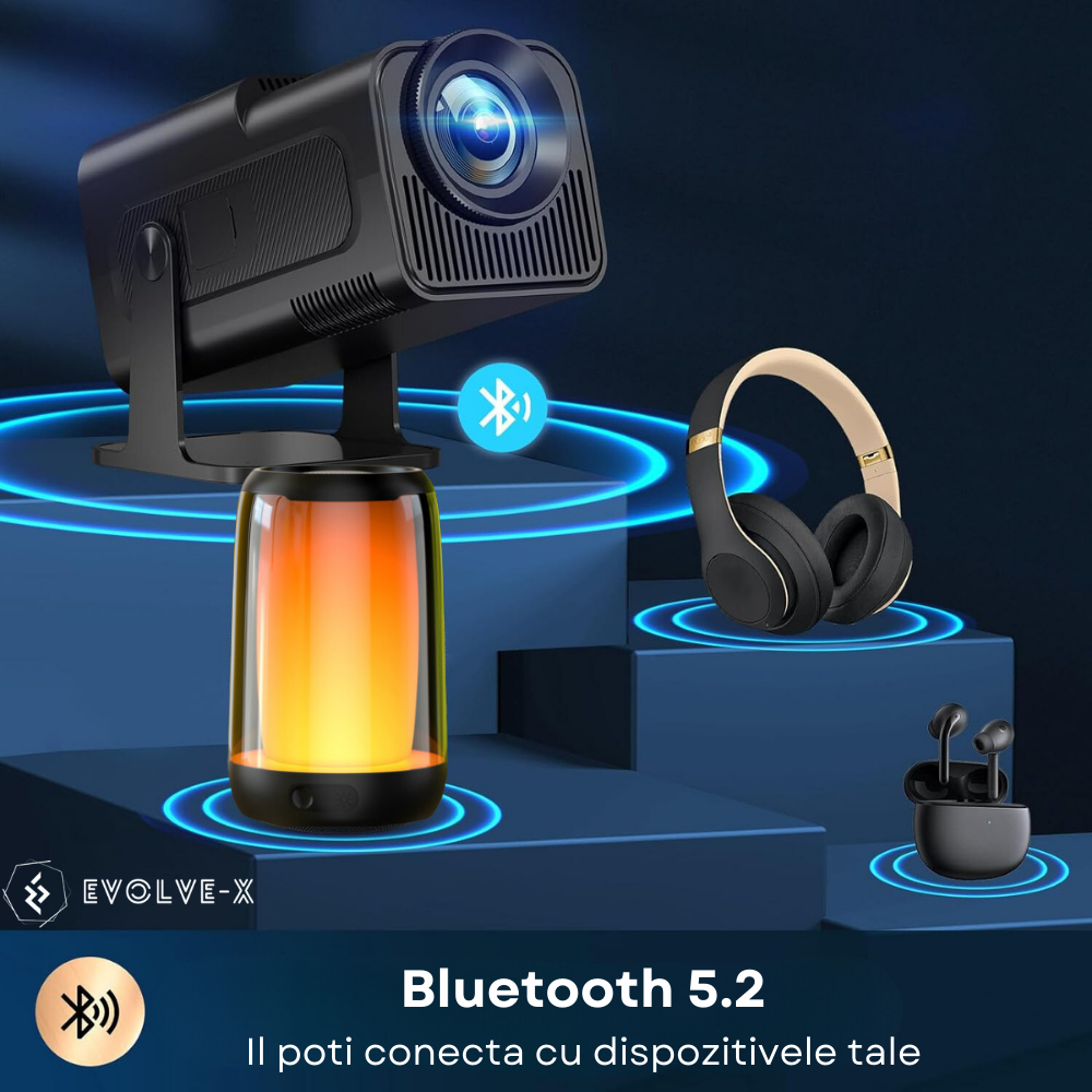 Videoproiector portabil Evolve-x®, 6500 lumeni, 390 ANSI, cu Android 11, Wi-Fi dual, Bluetooth, rezolutie FullHD 1920 x 1080, suport 4K, conexiune HDMI, USB si Mirroring Android/IOS, difuzor integrat, [13]