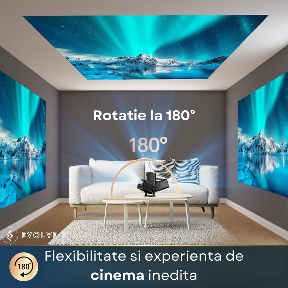 Videoproiector portabil Evolve-x®, 6500 lumeni, 390 ANSI, cu Android 11, Wi-Fi dual, Bluetooth, rezolutie FullHD 1920 x 1080, suport 4K, conexiune HDMI, USB si Mirroring Android/IOS, difuzor integrat, [10]