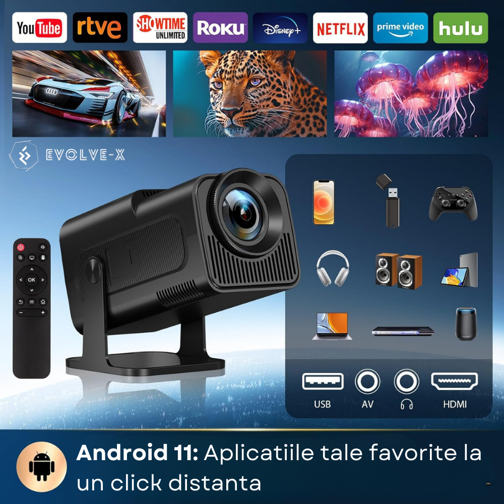 Videoproiector portabil Evolve-x®, 6500 lumeni, 390 ANSI, cu Android 11, Wi-Fi dual, Bluetooth, rezolutie FullHD 1920 x 1080, suport 4K, conexiune HDMI, USB si Mirroring Android/IOS, difuzor integrat, [7]