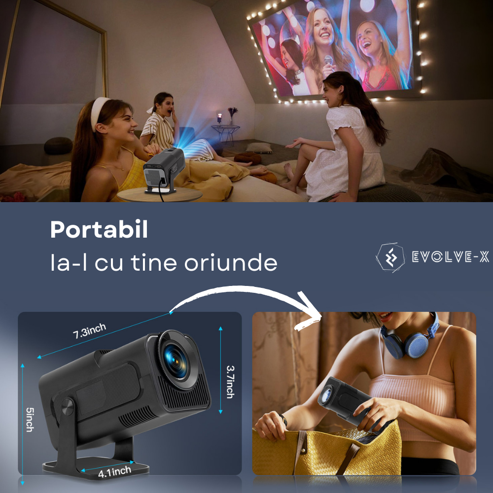 Videoproiector portabil Evolve-x®, 6500 lumeni, 390 ANSI, cu Android 11, Wi-Fi dual, Bluetooth, rezolutie FullHD 1920 x 1080, suport 4K, conexiune HDMI, USB si Mirroring Android/IOS, difuzor integrat, [14]