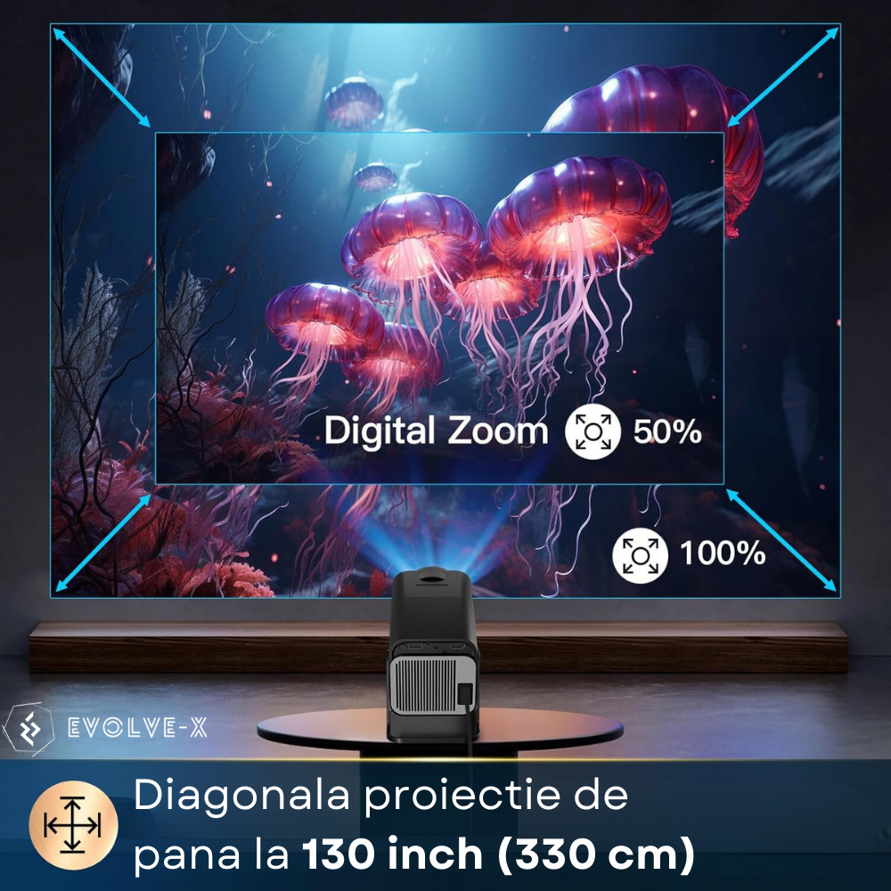 Videoproiector portabil Evolve-x®, 6500 lumeni, 390 ANSI, cu Android 11, Wi-Fi dual, Bluetooth, rezolutie FullHD 1920 x 1080, suport 4K, conexiune HDMI, USB si Mirroring Android/IOS, difuzor integrat, [9]