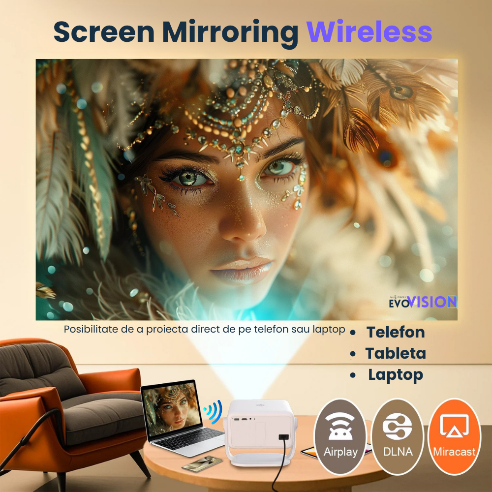 Videoproiector portabil smart Evolve-x® EvoVision 350 Pro, 1080p Full HD, suport 4K UHD, 350 ANSI, Android 13, Wi-Fi 6 dual, Bluetooth 5.4, NETFLIX Oficial [10]