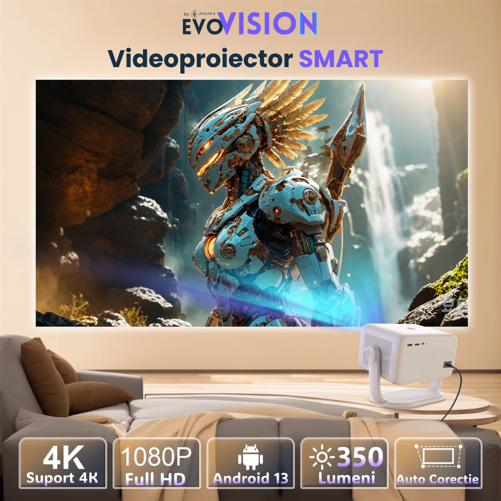 Videoproiector portabil smart Evolve-x® EvoVision 350 Pro, 1080p Full HD, suport 4K UHD, 350 ANSI, Android 13, Wi-Fi 6 dual, Bluetooth 5.4, NETFLIX Oficial [5]