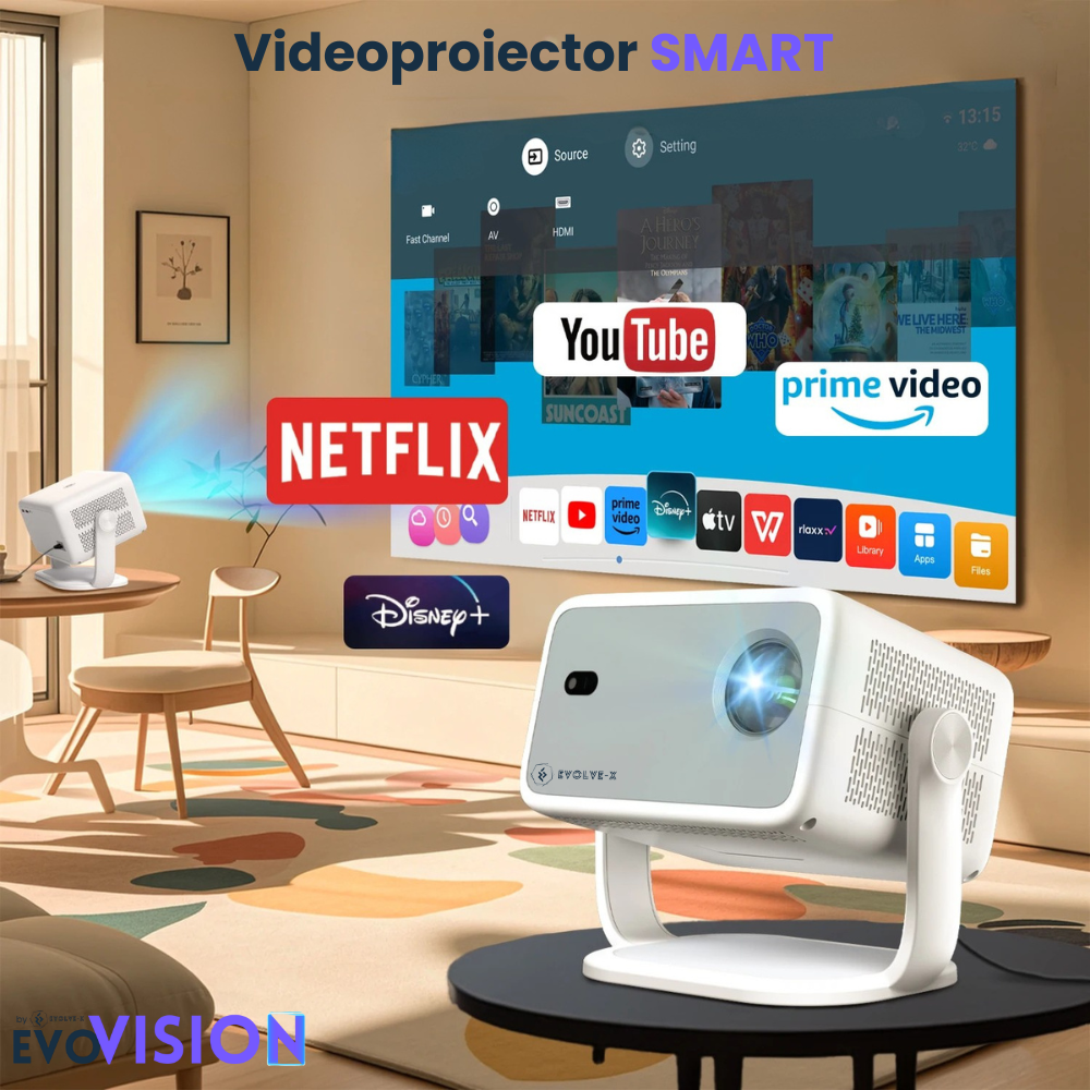 Videoproiector portabil smart Evolve-x® EvoVision 350 Pro, 1080p Full HD, suport 4K UHD, 350 ANSI, Android 13, Wi-Fi 6 dual, Bluetooth 5.4, NETFLIX Oficial [7]