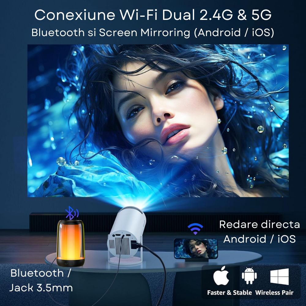 Videoproiector smart portabil Evolve-x®, 5000 lumeni, 120 ANSI, cu Android 11, Wi-Fi dual, Bluetooth, rezolutie 1280x720p HD, suport 4K, conexiune HDMI, USB si Mirroring Android/IOS, difuzor integrat, [7]