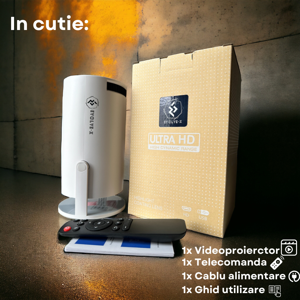 Videoproiector smart portabil Evolve-x®, 5000 lumeni, 120 ANSI, cu Android 11, Wi-Fi dual, Bluetooth, rezolutie 1280x720p HD, suport 4K, conexiune HDMI, USB si Mirroring Android/IOS, difuzor integrat, [14]