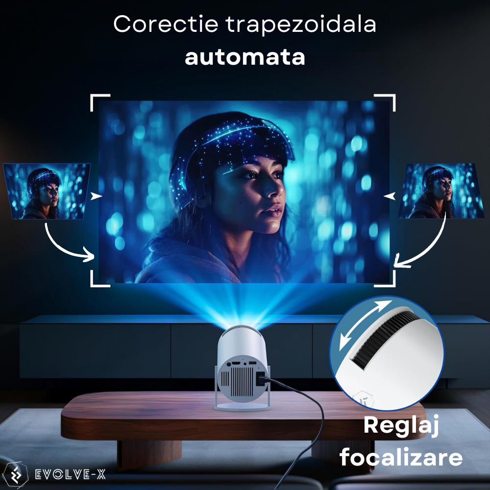 Videoproiector smart portabil Evolve-x®, 5000 lumeni, 120 ANSI, cu Android 11, Wi-Fi dual, Bluetooth, rezolutie 1280x720p HD, suport 4K, conexiune HDMI, USB si Mirroring Android/IOS, difuzor integrat, [6]