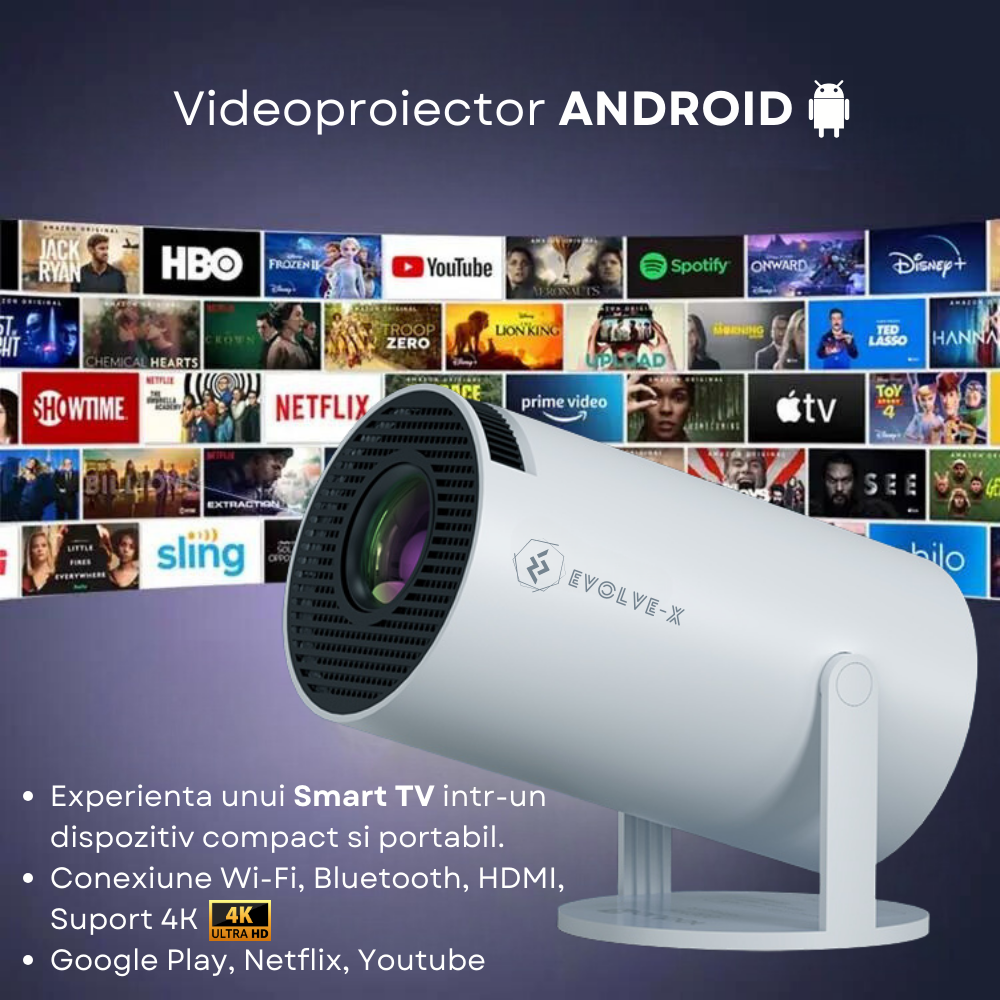 Videoproiector smart portabil Evolve-x®, 5000 lumeni, 120 ANSI, cu Android 11, Wi-Fi dual, Bluetooth, rezolutie 1280x720p HD, suport 4K, conexiune HDMI, USB si Mirroring Android/IOS, difuzor integrat, [4]