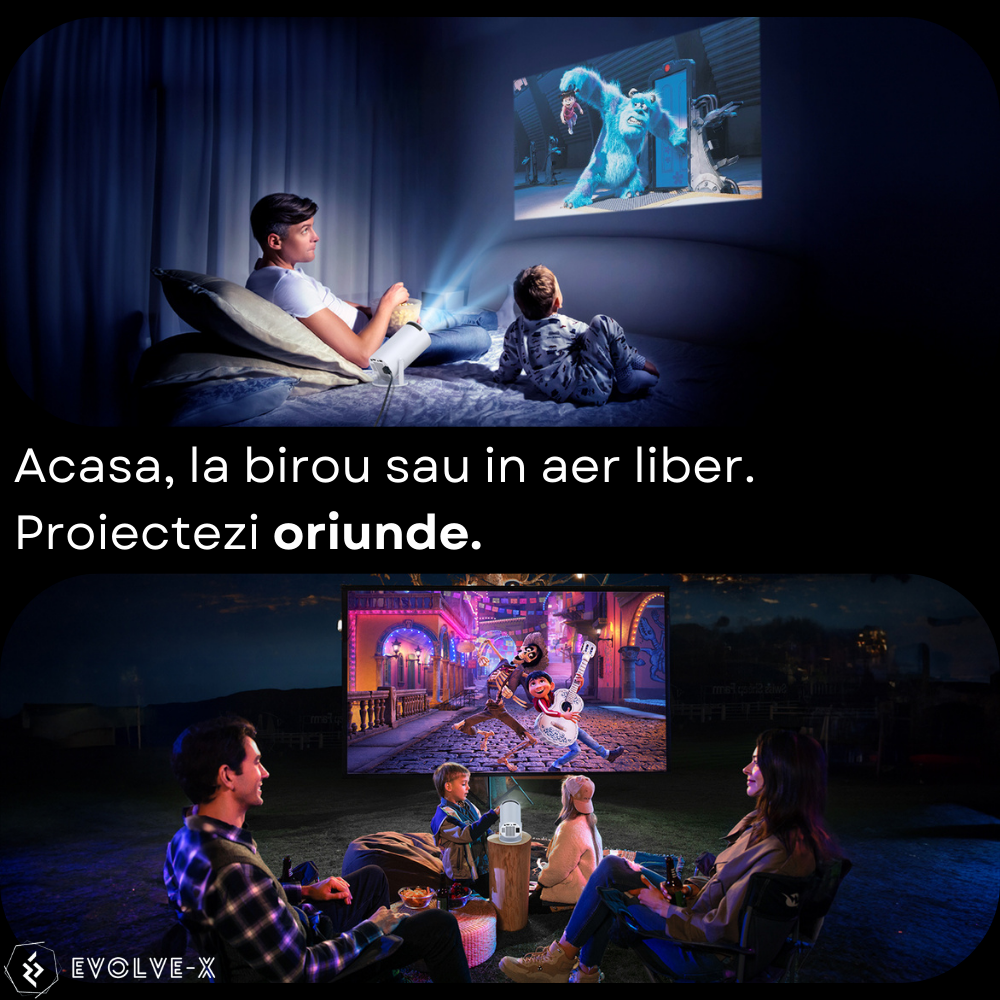 Videoproiector smart portabil Evolve-x®, 5000 lumeni, 120 ANSI, cu Android 11, Wi-Fi dual, Bluetooth, rezolutie 1280x720p HD, suport 4K, conexiune HDMI, USB si Mirroring Android/IOS, difuzor integrat, [13]