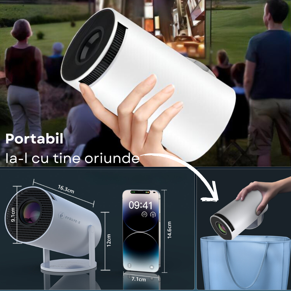 Videoproiector smart portabil Evolve-x®, 5000 lumeni, 120 ANSI, cu Android 11, Wi-Fi dual, Bluetooth, rezolutie 1280x720p HD, suport 4K, conexiune HDMI, USB si Mirroring Android/IOS, difuzor integrat, [10]