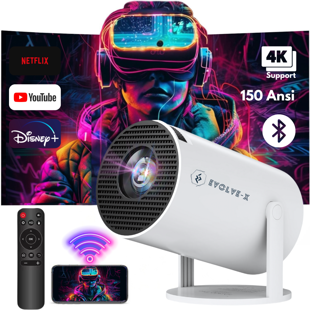 Videoproiector smart portabil Evolve-x®, 5000 lumeni, 120 ANSI, cu Android 11, Wi-Fi dual, Bluetooth, rezolutie 1280x720p HD, suport 4K, conexiune HDMI, USB si Mirroring Android/IOS, difuzor integrat, [2]