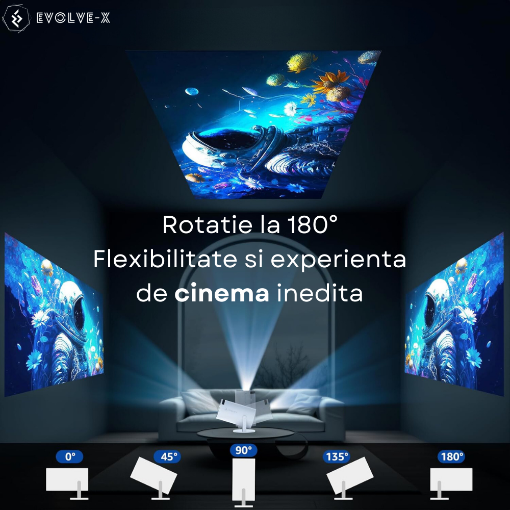 Videoproiector smart portabil Evolve-x®, 5000 lumeni, 120 ANSI, cu Android 11, Wi-Fi dual, Bluetooth, rezolutie 1280x720p HD, suport 4K, conexiune HDMI, USB si Mirroring Android/IOS, difuzor integrat, [9]