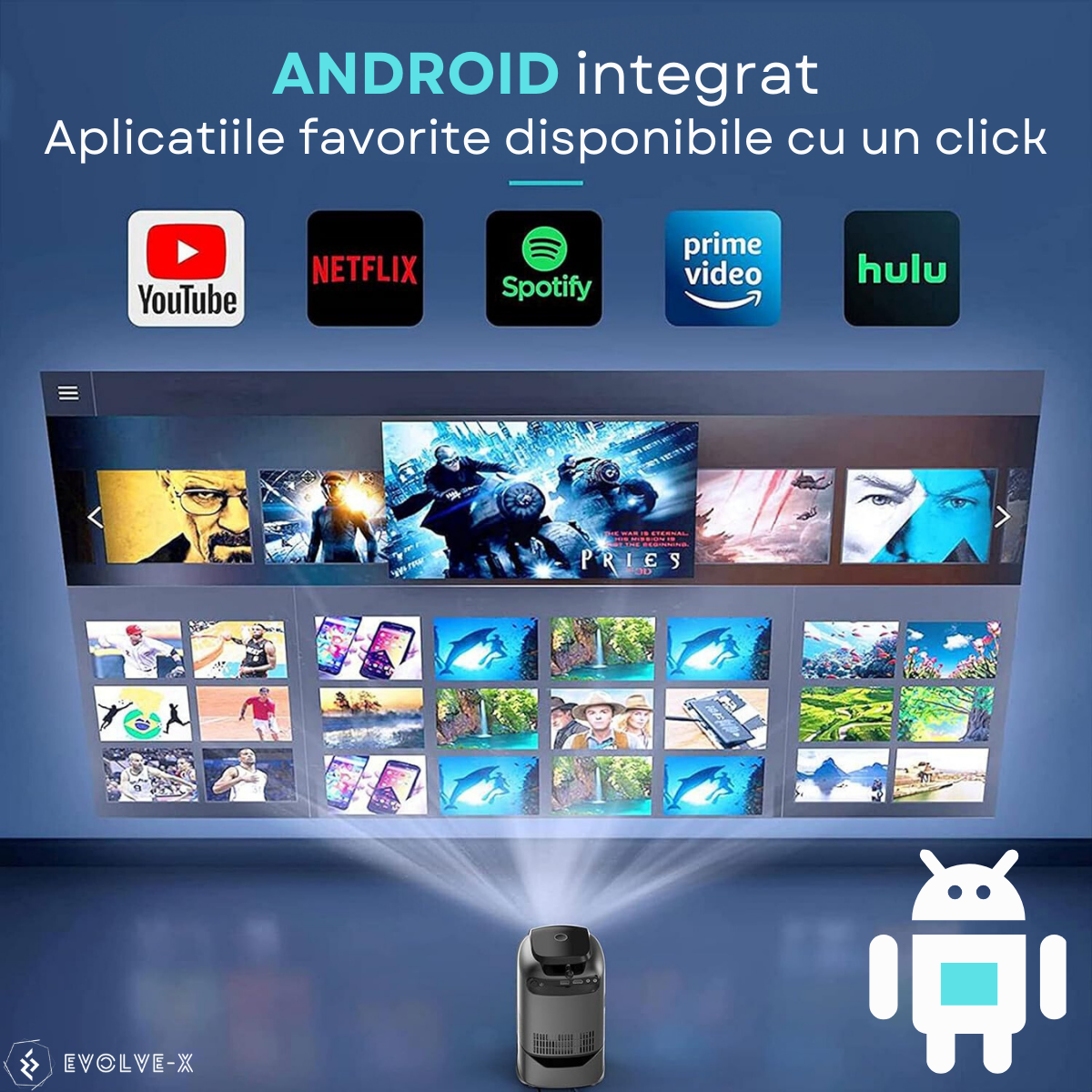 Videoproiector Smart portabil Evolve-x® cu trepied integrat, 6500 lumeni, 390 ANSI, Android, Wi-Fi dual, Bluetooth, rezolutie FullHD 1920 x 1080, suport 4K, HDMI, USB si Mirroring Android/IOS, difuzor [5]