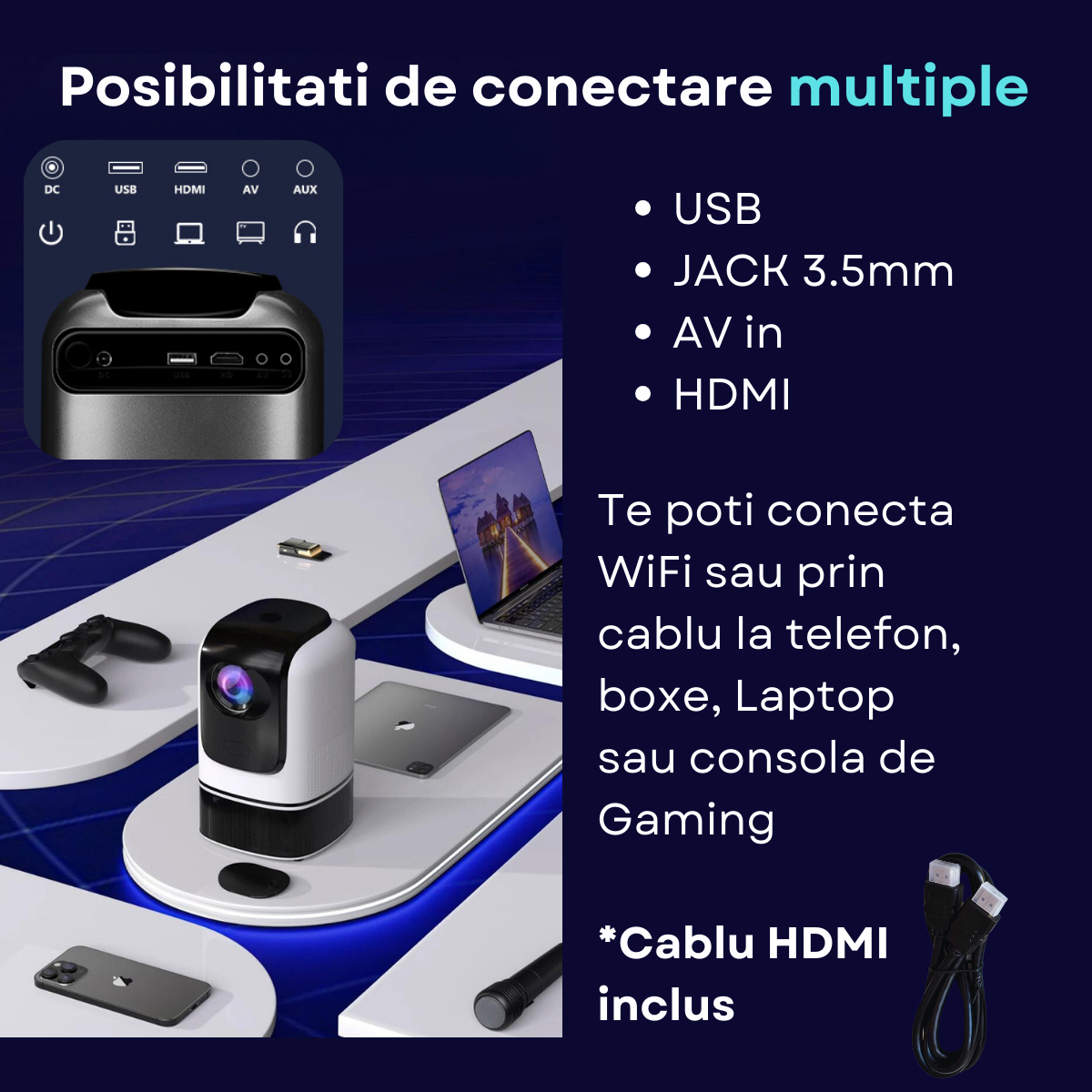 Videoproiector Smart portabil Evolve-x® cu trepied integrat, 6500 lumeni, 390 ANSI, Android, Wi-Fi dual, Bluetooth, rezolutie FullHD 1920 x 1080, suport 4K, HDMI, USB si Mirroring Android/IOS, difuzor [12]