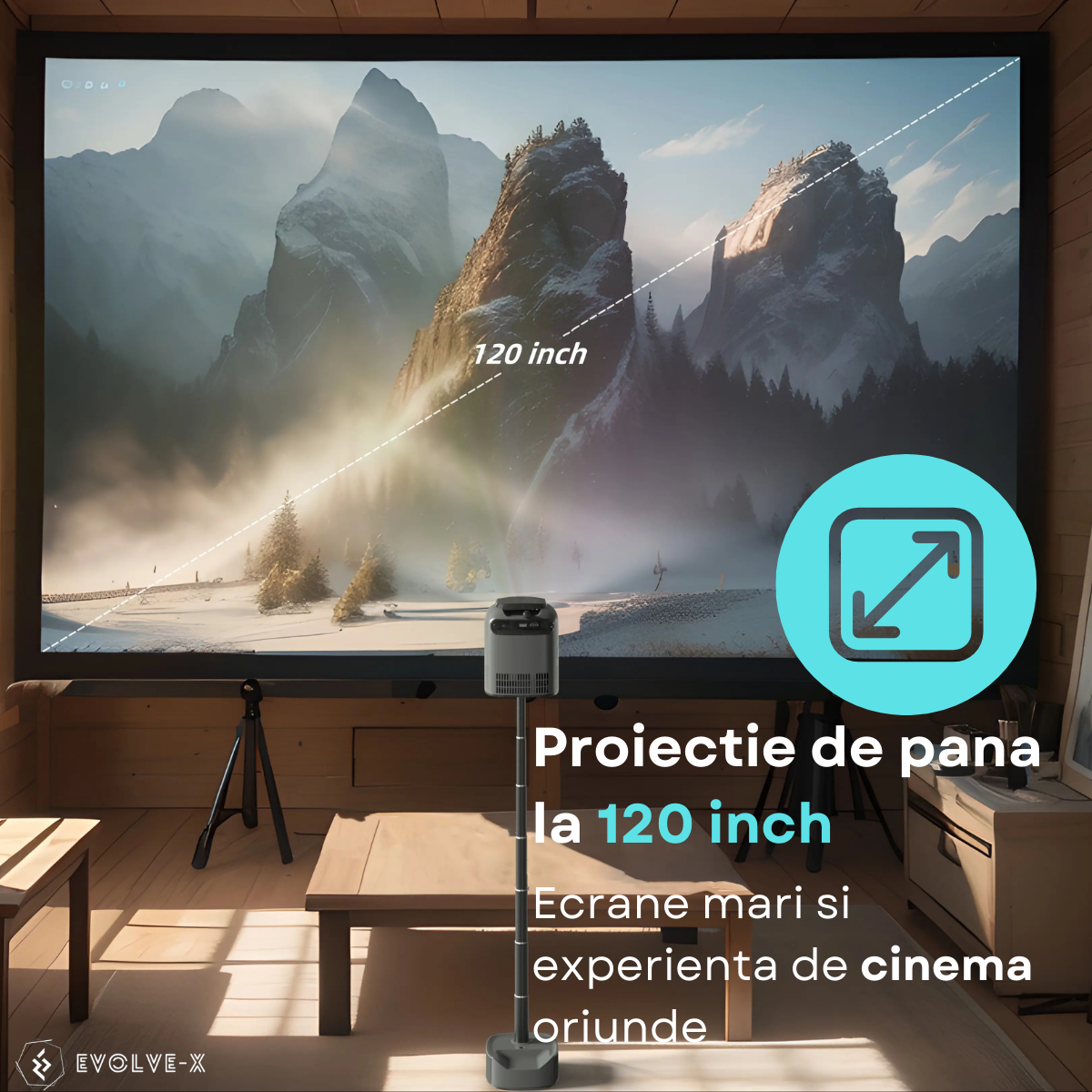 Videoproiector Smart portabil Evolve-x® cu trepied integrat, 6500 lumeni, 390 ANSI, Android, Wi-Fi dual, Bluetooth, rezolutie FullHD 1920 x 1080, suport 4K, HDMI, USB si Mirroring Android/IOS, difuzor [10]