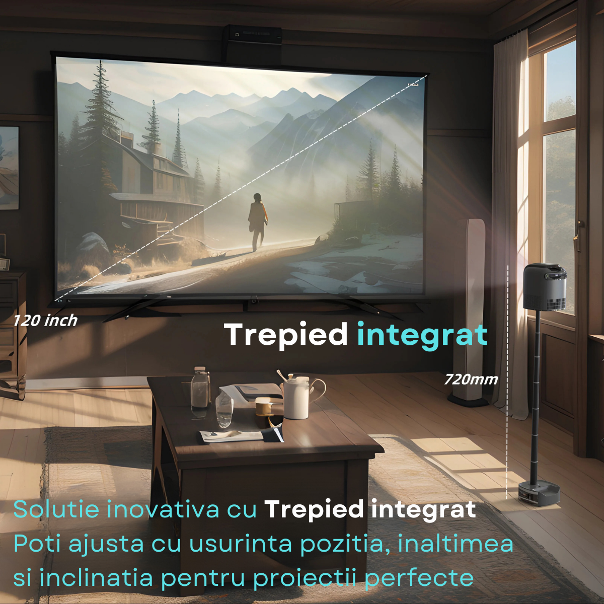 Videoproiector Smart portabil Evolve-x® cu trepied integrat, 6500 lumeni, 390 ANSI, Android, Wi-Fi dual, Bluetooth, rezolutie FullHD 1920 x 1080, suport 4K, HDMI, USB si Mirroring Android/IOS, difuzor [11]