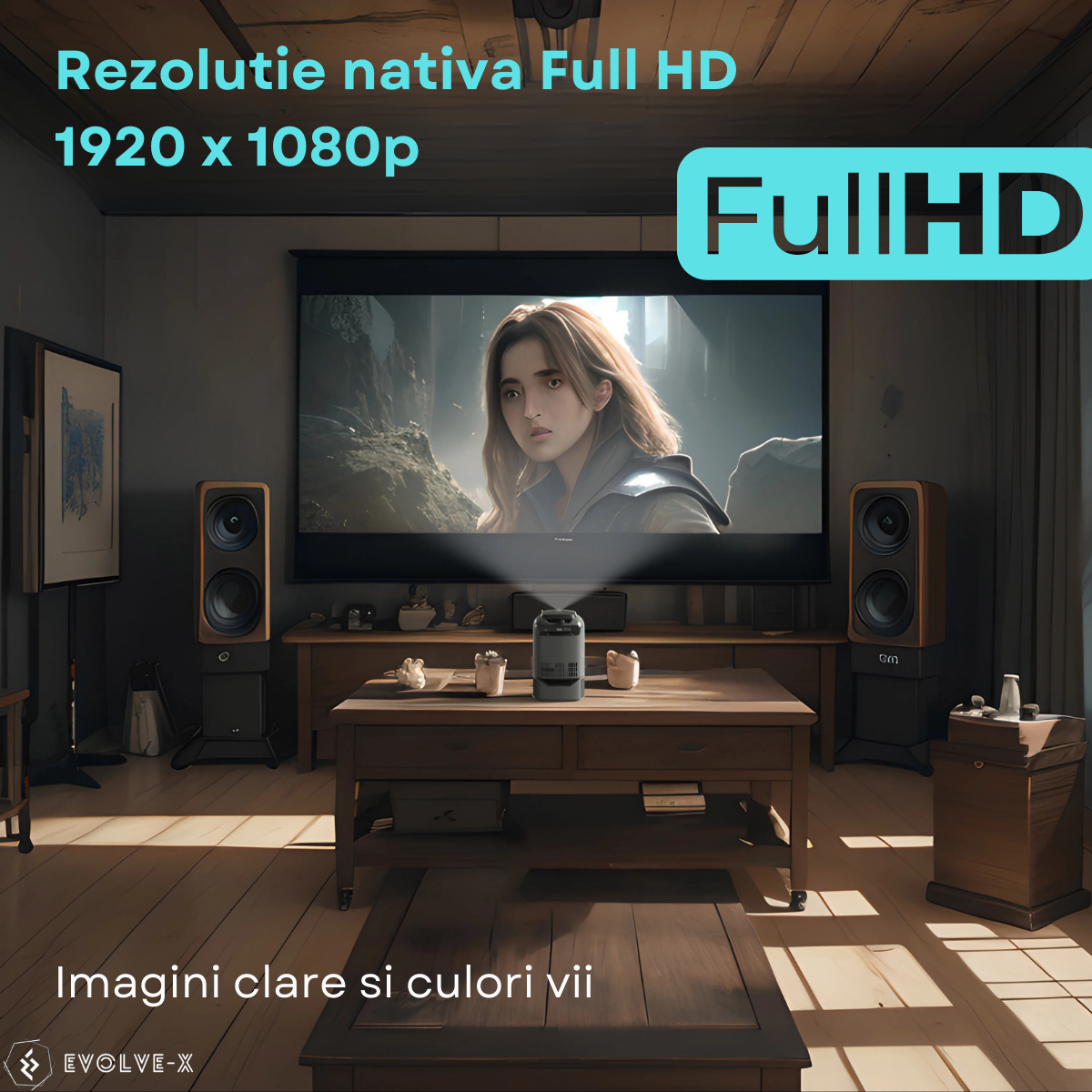 Videoproiector Smart portabil Evolve-x® cu trepied integrat, 6500 lumeni, 390 ANSI, Android, Wi-Fi dual, Bluetooth, rezolutie FullHD 1920 x 1080, suport 4K, HDMI, USB si Mirroring Android/IOS, difuzor [6]