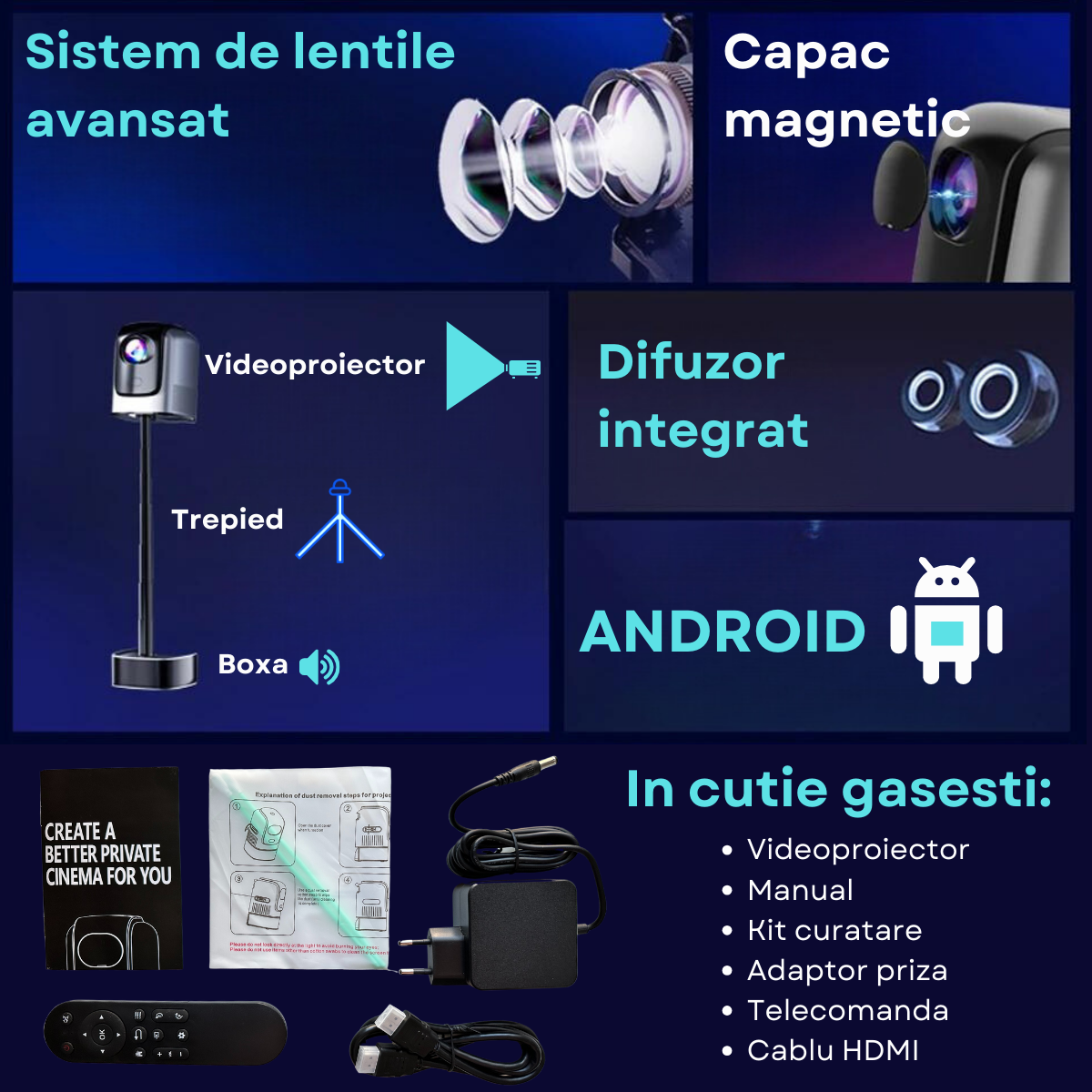 Videoproiector Smart portabil Evolve-x® cu trepied integrat, 6500 lumeni, 390 ANSI, Android, Wi-Fi dual, Bluetooth, rezolutie FullHD 1920 x 1080, suport 4K, HDMI, USB si Mirroring Android/IOS, difuzor [14]