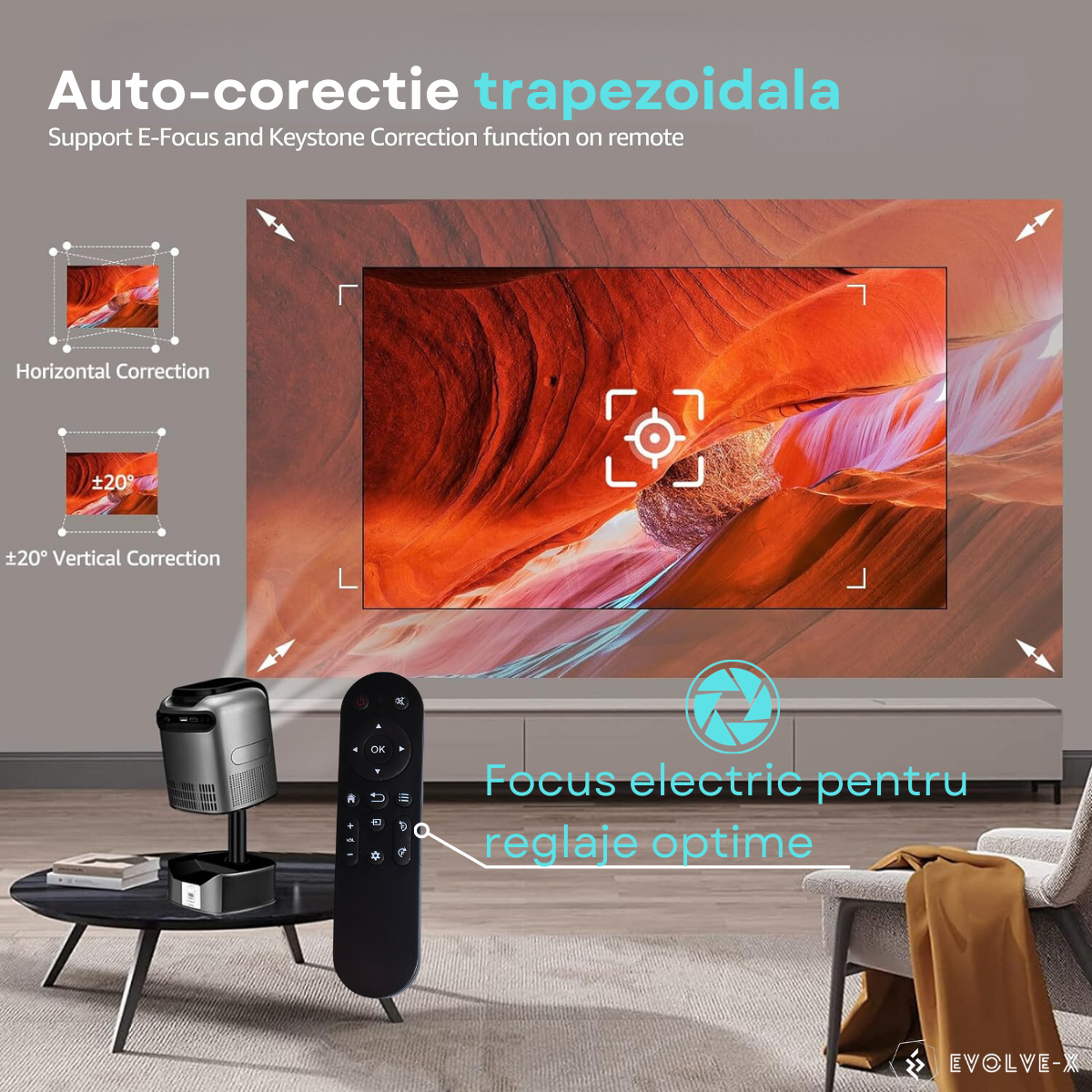 Videoproiector Smart portabil Evolve-x® cu trepied integrat, 6500 lumeni, 390 ANSI, Android, Wi-Fi dual, Bluetooth, rezolutie FullHD 1920 x 1080, suport 4K, HDMI, USB si Mirroring Android/IOS, difuzor [9]
