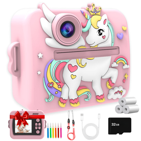 Accesorii Foto & Video - Aparat foto instant pentru copii Evolve-x®, Printare Foto instant, HD 1080p, Ecran 2.4 inch, Video HD, camera selfie, MP3 Player, 4 jocuri integrate, baterie 1200 mAh, USB-C, card de memorie 32GB