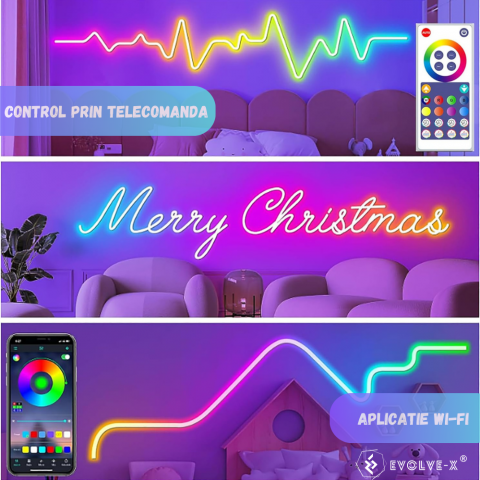 Banda LED Neon RGBIC inteligenta Evolve-x® EvoLuxe, 3 metri, exterior/interior, sincronizare muzica, control vocal, compatibil Alexa/Google Assistant, IP68, Aplicatie Wi-Fi Tuya si telecomanda [3]