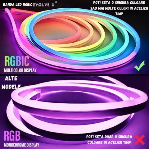 Banda LED Neon RGBIC inteligenta Evolve-x® EvoLuxe, 3 metri, exterior/interior, sincronizare muzica, control vocal, compatibil Alexa/Google Assistant, IP68, Aplicatie Wi-Fi Tuya si telecomanda [2]