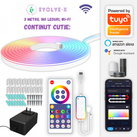 Banda LED Neon RGBIC inteligenta Evolve-x® EvoLuxe, 3 metri, exterior/interior, sincronizare muzica, control vocal, compatibil Alexa/Google Assistant, IP68, Aplicatie Wi-Fi Tuya si telecomanda [12]