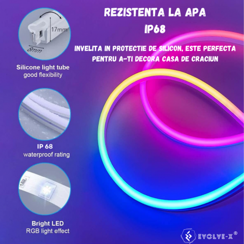 Banda LED Neon RGBIC inteligenta Evolve-x® EvoLuxe, 3 metri, exterior/interior, sincronizare muzica, control vocal, compatibil Alexa/Google Assistant, IP68, Aplicatie Wi-Fi Tuya si telecomanda [8]