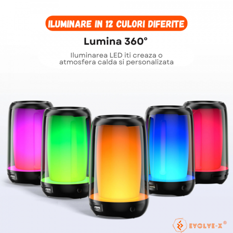 Boxa portabila Evolve-x® QERE Pulse, Lumini RGB 360°si efect de flacara, Bluetooth 5.3, Rezistenta la apa IPX5, Slot USB si card MicroSD, acumulator 3600 mAh, Negru [8]