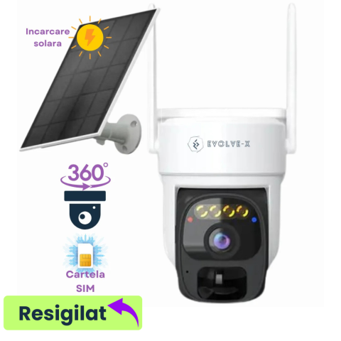 Camere video cu SIM - RESIGILAT: Camera Supraveghere video cu cartela SIM 4G Evolve-x®, Panou solar, acumulatori, 3MP, PTZ, Rotire 350 grade, Senzor miscare PIR, Detectia umana, Comunicare bidirectionala, Alarma, Aplicatie
