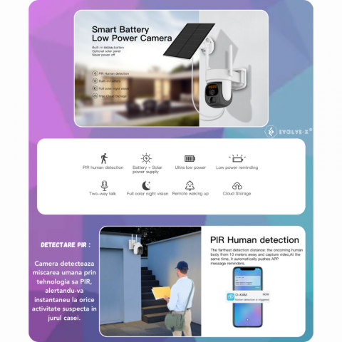 Camera Supraveghere video cu cartela SIM 4G Evolve-x®, Panou solar, acumulatori, 3MP, PTZ, Rotire 350 grade, Senzor miscare PIR, Detectia umana, Comunicare bidirectionala, Alarma, Aplicatie compatibil [2]